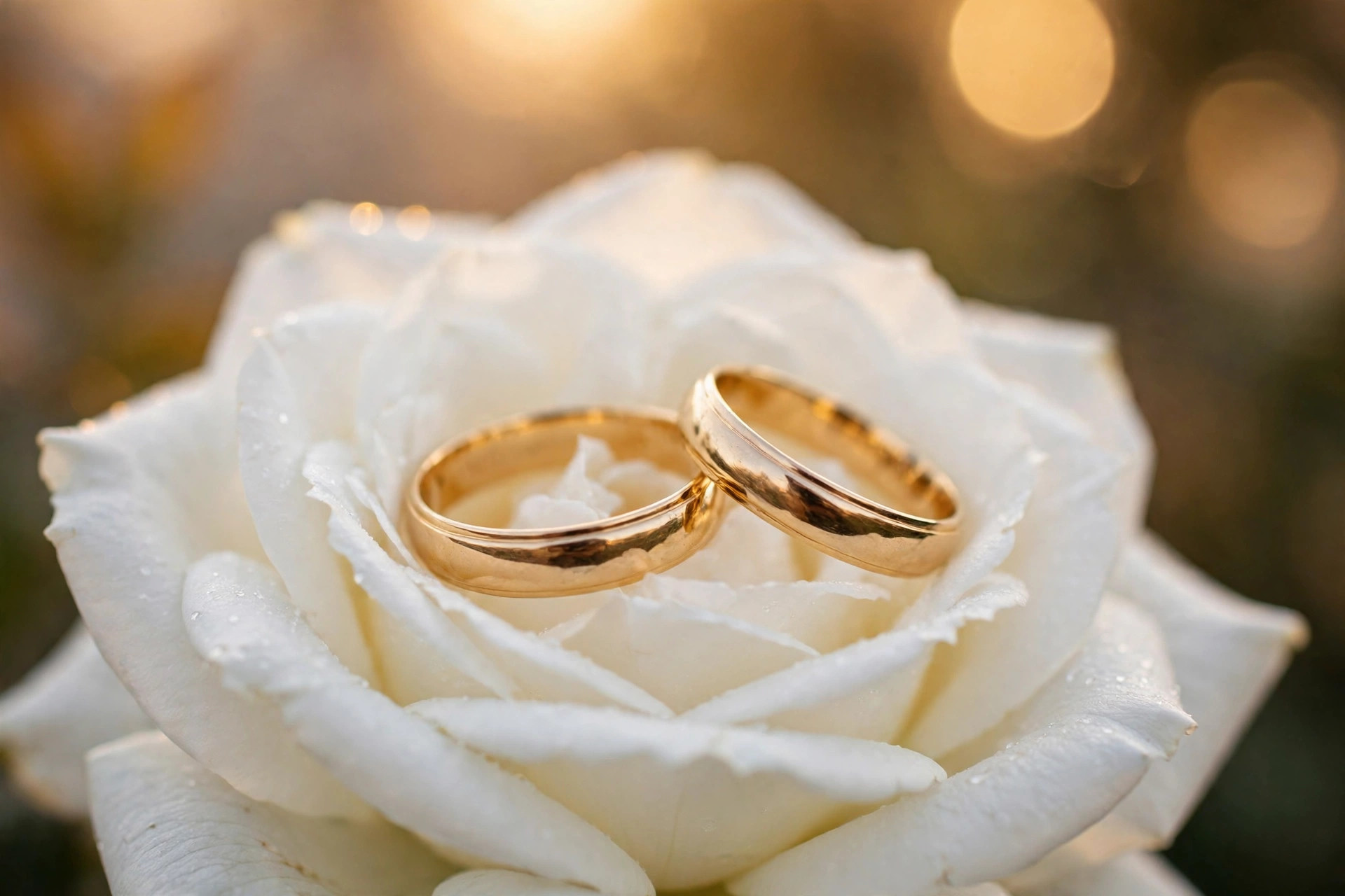 Foto detail cincin emas di atas mawar putih