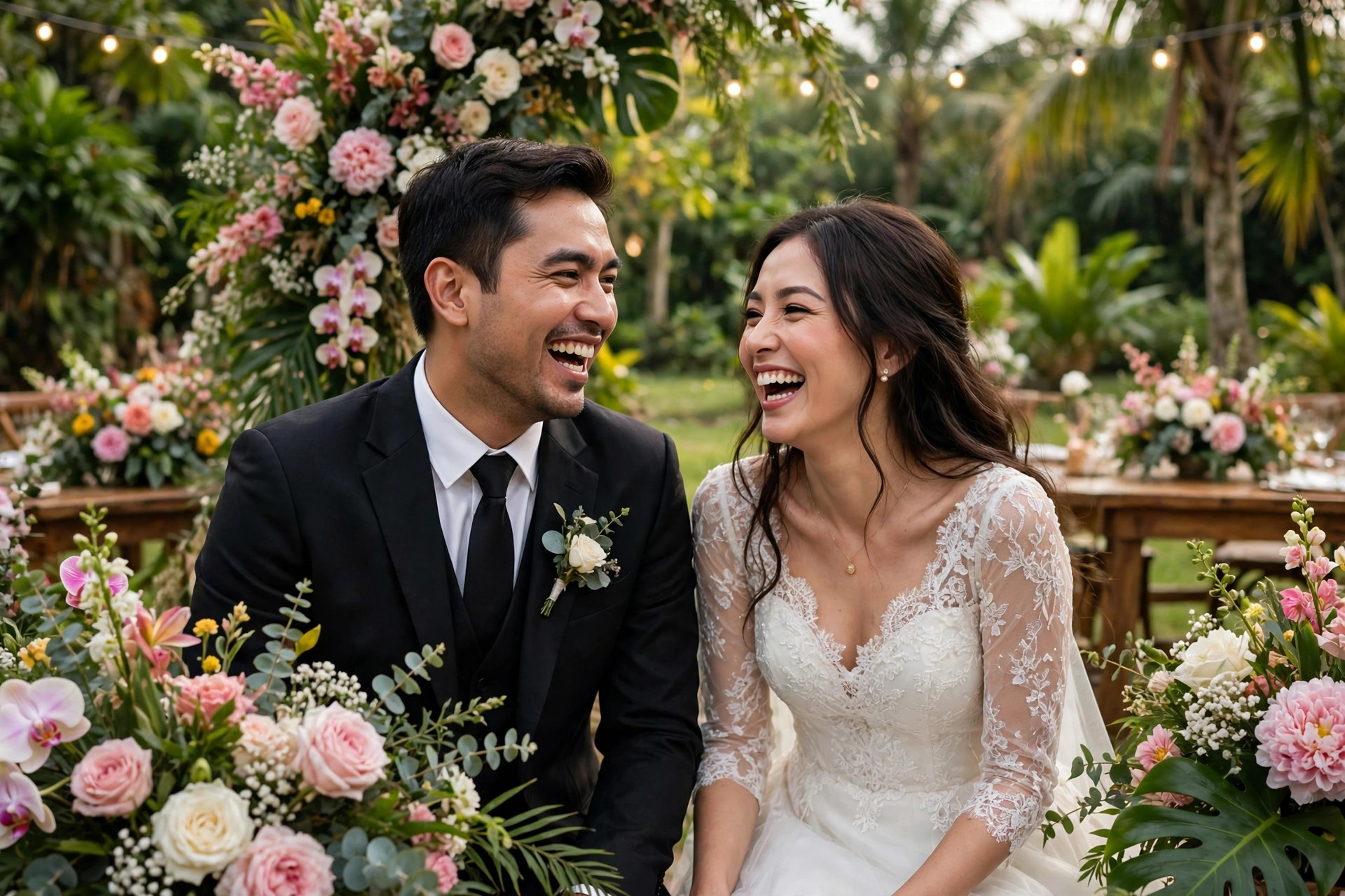 Foto model pasangan pengantin tertawa bahagia